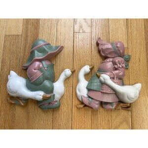 Vintage Burwood 1988 Boy Girl Geese Wall Plaques Set 2865-1B 2865-2B USA